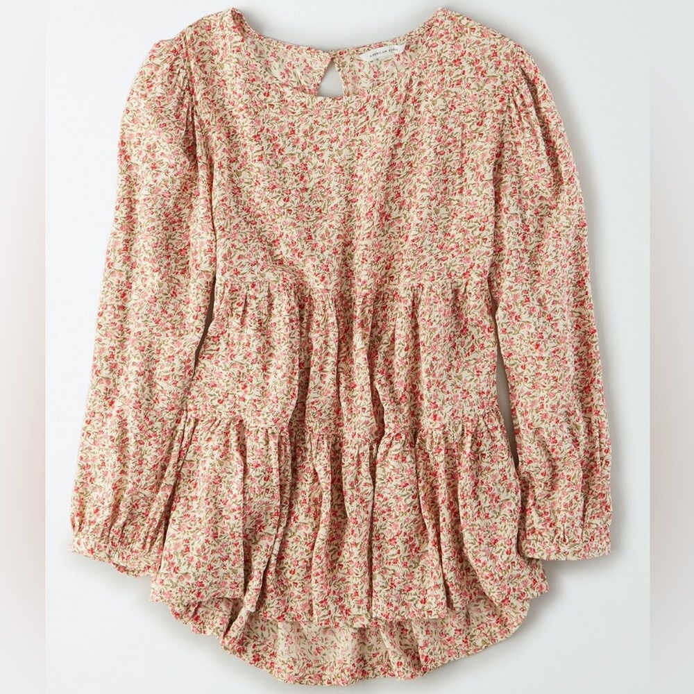American Eagle Women’s Red Floral Printed Tunic Babydoll Top Cutout Back size XS